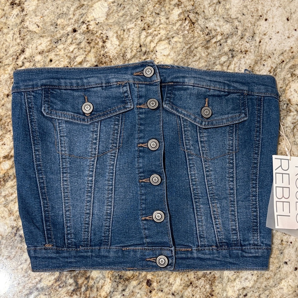 Rebels Women's Button-Up Blue Denim Strapless Top